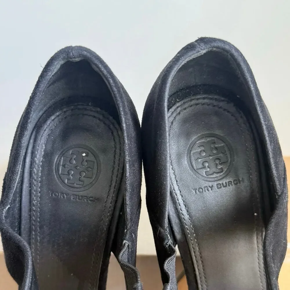 Tory Burch Saray Black Suede Pointed Toe Women Wedge Heel- SZ 10